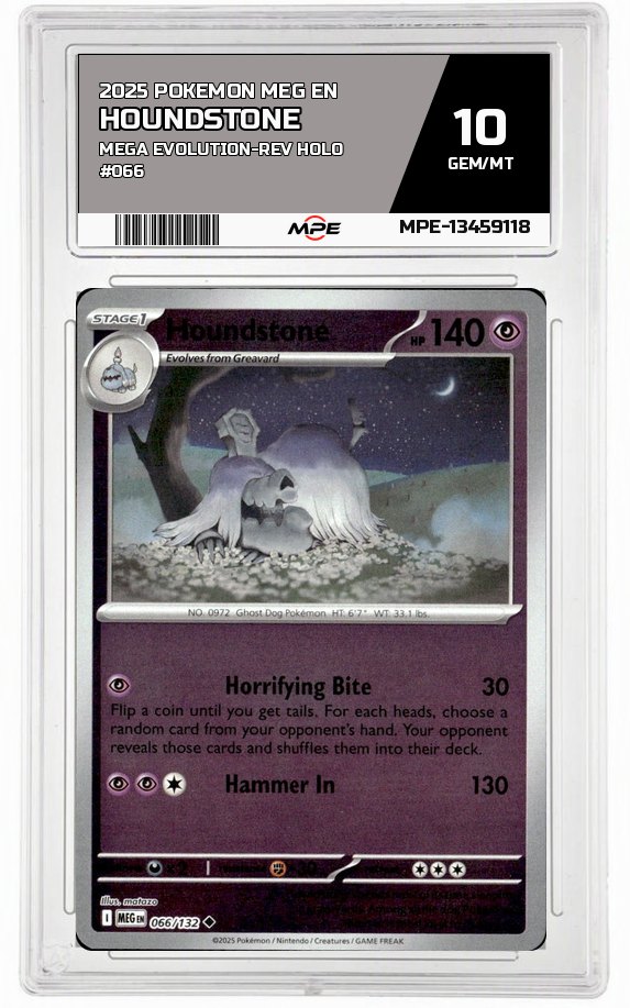 2025 POKEMON MEG EN MEGA EVOLUTION-REV HOLO #066 HOUNDSTONE MPE 10 GEM/MT — graded card auctioned from the MPE vault