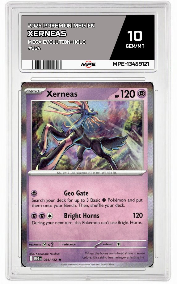 2025 POKEMON MEG EN MEGA EVOLUTION-HOLO #064 XERNEAS MPE 10 GEM/MT — graded card auctioned from the MPE vault