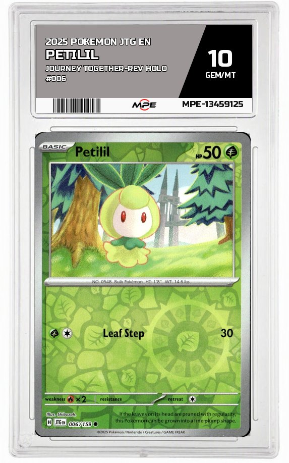 2025 POKEMON JTG EN JOURNEY TOGETHER-REV HOLO #006 PETILIL MPE 10 GEM/MT — graded card auctioned from the MPE vault