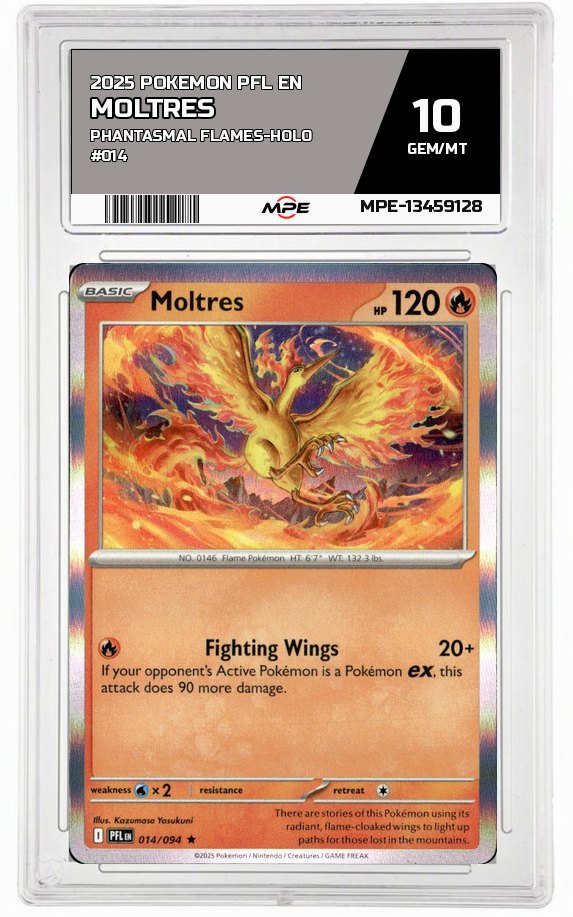 2025 POKEMON PFL EN PHANTASMAL FLAMES-HOLO #014 MOLTRES MPE 10 GEM/MT — graded card auctioned from the MPE vault