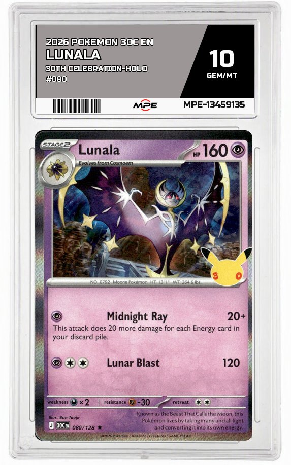 2026 POKEMON 30C EN 30TH CELEBRATION-HOLO #080 LUNALA MPE 10 GEM/MT — graded card auctioned from the MPE vault