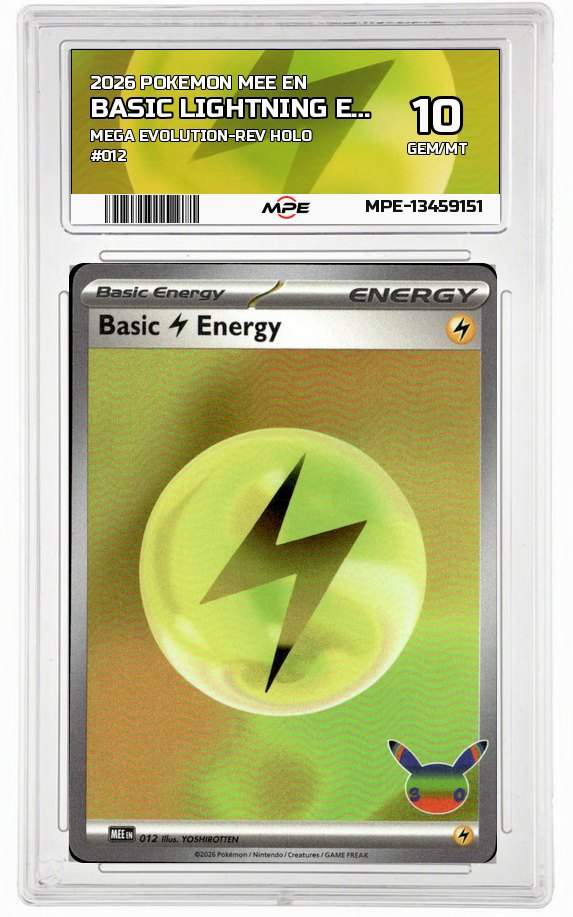 2026 POKEMON MEE EN MEGA EVOLUTION-REV HOLO #012 BASIC LIGHTNING ENERGY MPE 10 GEM/MT — graded card auctioned from the MPE vault