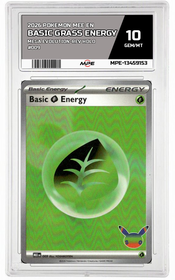 2026 POKEMON MEE EN MEGA EVOLUTION-REV HOLO #009 BASIC GRASS ENERGY MPE 10 GEM/MT — graded card auctioned from the MPE vault