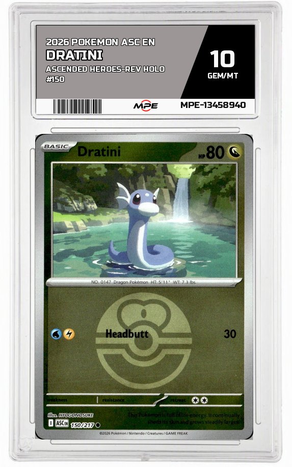 2026 POKEMON ASC EN ASCENDED HEROES-REV HOLO #150 DRATINI MPE 10 GEM/MT — graded card auctioned from the MPE vault