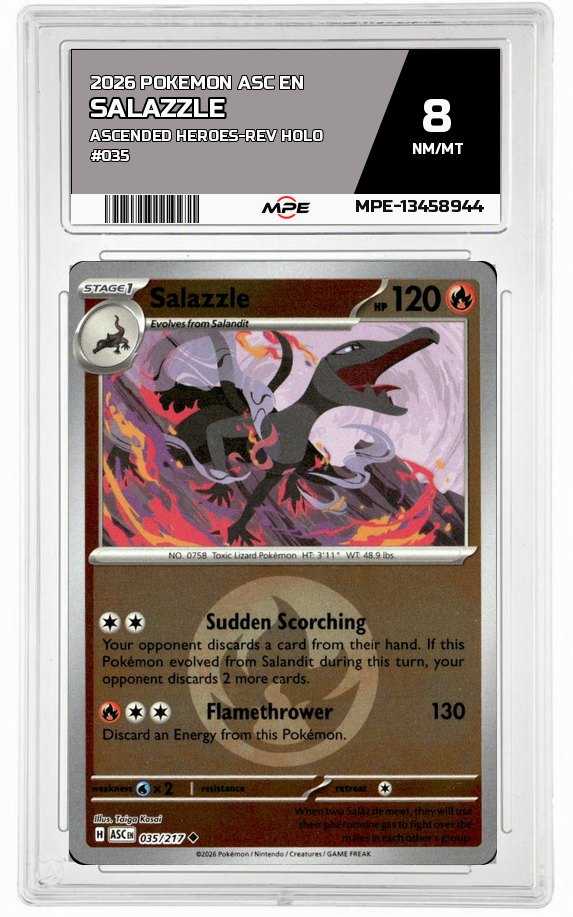 2026 POKEMON ASC EN ASCENDED HEROES-REV HOLO #035 SALAZZLE MPE 8 NM/MT — graded card auctioned from the MPE vault