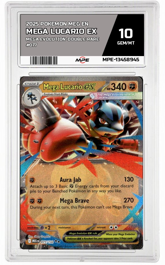 2025 POKEMON MEG EN MEGA EVOLUTION-Double Rare #077 MEGA LUCARIO EX MPE 10 GEM/MT — graded card auctioned from the MPE vault