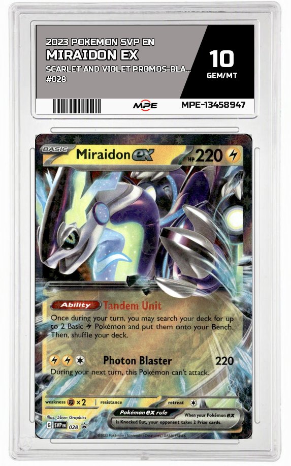 2023 POKEMON SVP EN SCARLET AND VIOLET PROMOS-Black Star Promo #028 MIRAIDON EX MPE 10 GEM/MT — graded card auctioned from the MPE vault