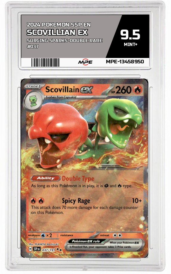 2024 POKEMON SSP EN SURGING SPARKS-Double Rare #037 SCOVILLIAN EX MPE 9.5 MINT+ — graded card auctioned from the MPE vault