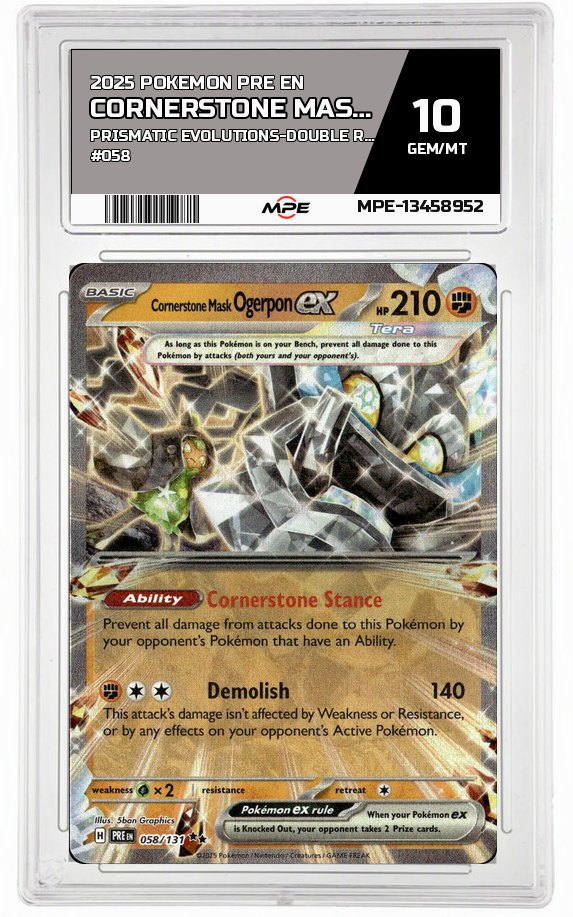 2025 POKEMON PRE EN PRISMATIC EVOLUTIONS-Double Rare #058 CORNERSTONE MASK OGERPON EX MPE 10 GEM/MT — graded card auctioned from the MPE vault
