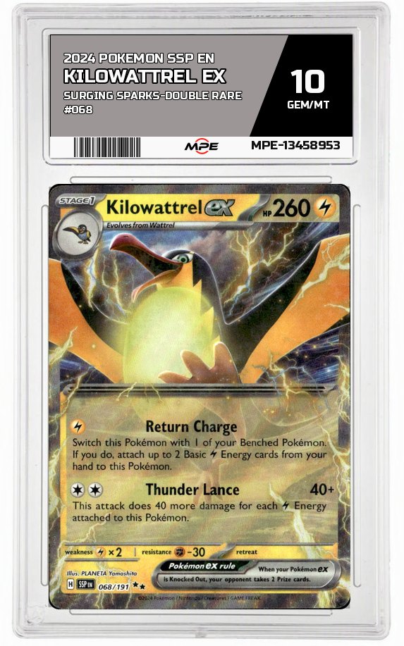 2024 POKEMON SSP EN SURGING SPARKS-Double Rare #068 KILOWATTREL EX MPE 10 GEM/MT — graded card auctioned from the MPE vault