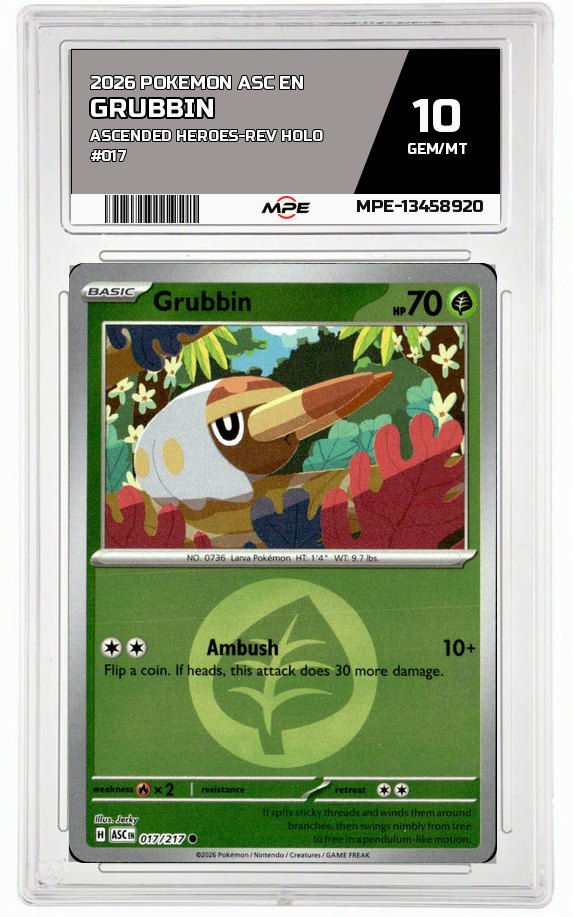 2026 POKEMON ASC EN ASCENDED HEROES-REV HOLO #017 GRUBBIN MPE 10 GEM/MT — graded card auctioned from the MPE vault