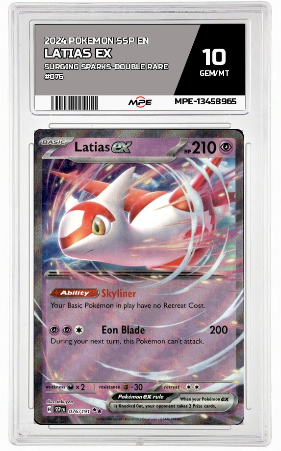 2024 POKEMON SSP EN SURGING SPARKS-Double Rare #076 LATIAS EX MPE 10 GEM/MT — graded card auctioned from the MPE vault