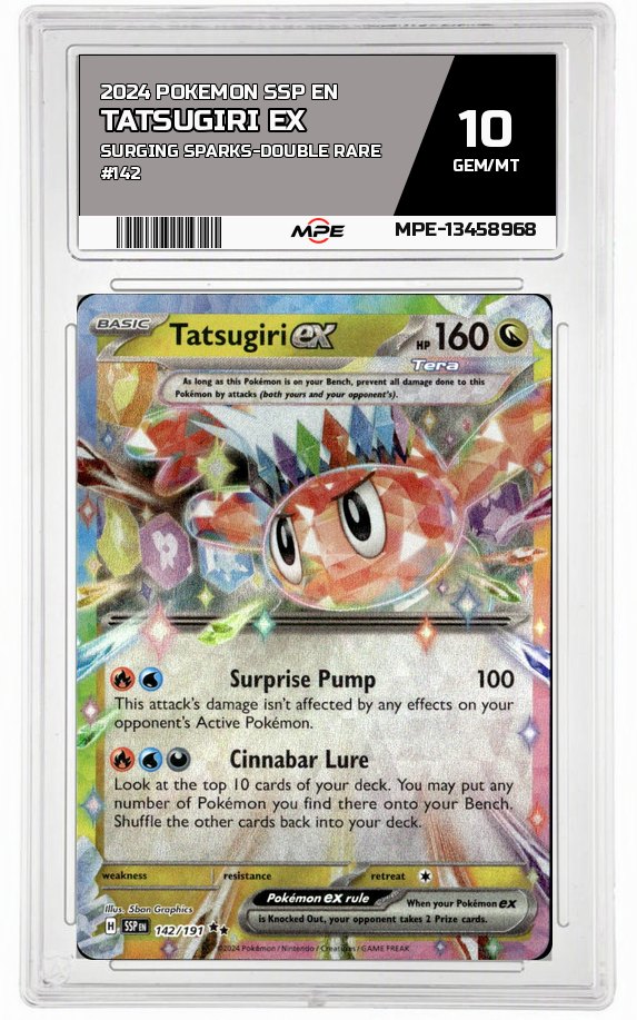 2024 POKEMON SSP EN SURGING SPARKS-Double Rare #142 TATSUGIRI EX MPE 10 GEM/MT — graded card auctioned from the MPE vault