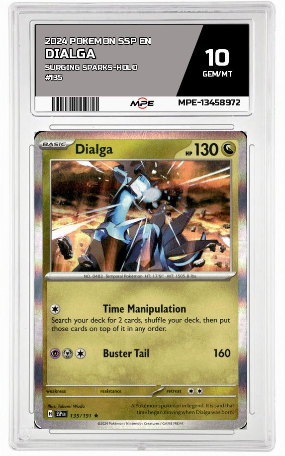 2024 POKEMON SSP EN SURGING SPARKS-HOLO #135 DIALGA MPE 10 GEM/MT — graded card auctioned from the MPE vault