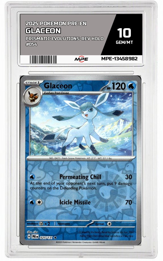2025 POKEMON PRE EN PRISMATIC EVOLUTIONS-REV HOLO #054 GLACEON MPE 10 GEM/MT — graded card auctioned from the MPE vault