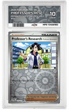 2025 POKEMON PRE EN PRISMATIC EVOLUTIONS-REV HOLO #125 PROFESSOR'S RESEARCH MPE 10 GEM/MT — graded card up for auction