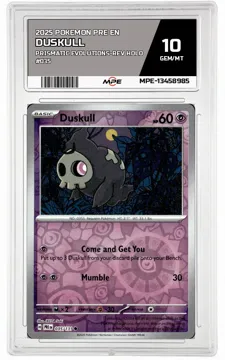 2025 POKEMON PRE EN PRISMATIC EVOLUTIONS-REV HOLO #035 DUSKULL MPE 10 GEM/MT — graded card up for auction