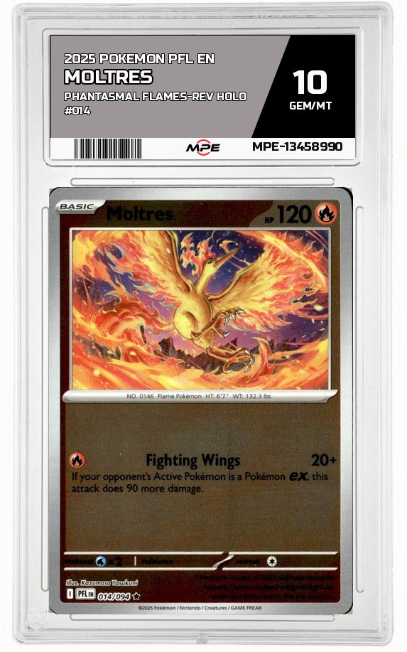 2025 POKEMON PFL EN PHANTASMAL FLAMES-REV HOLO #014 MOLTRES MPE 10 GEM/MT — graded card auctioned from the MPE vault