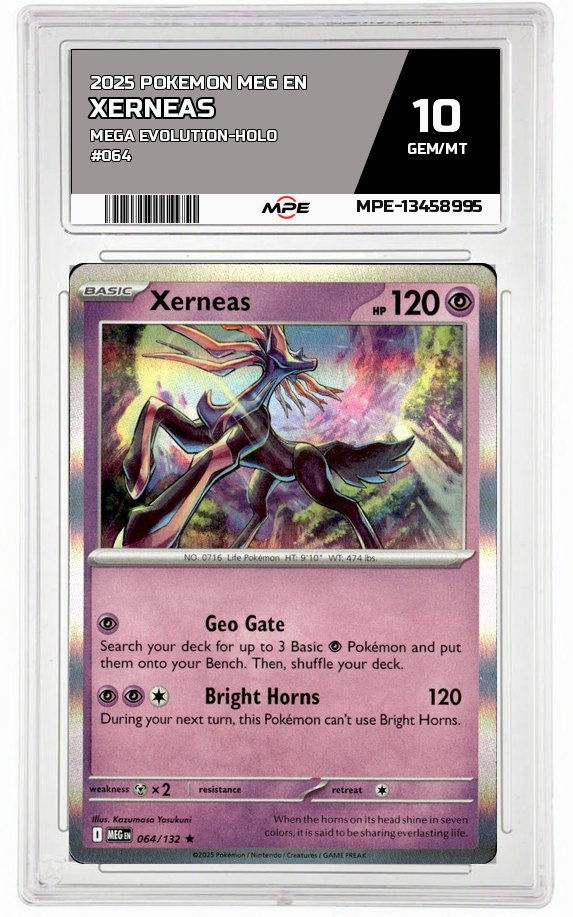 2025 POKEMON MEG EN MEGA EVOLUTION-HOLO #064 XERNEAS MPE 10 GEM/MT — graded card auctioned from the MPE vault