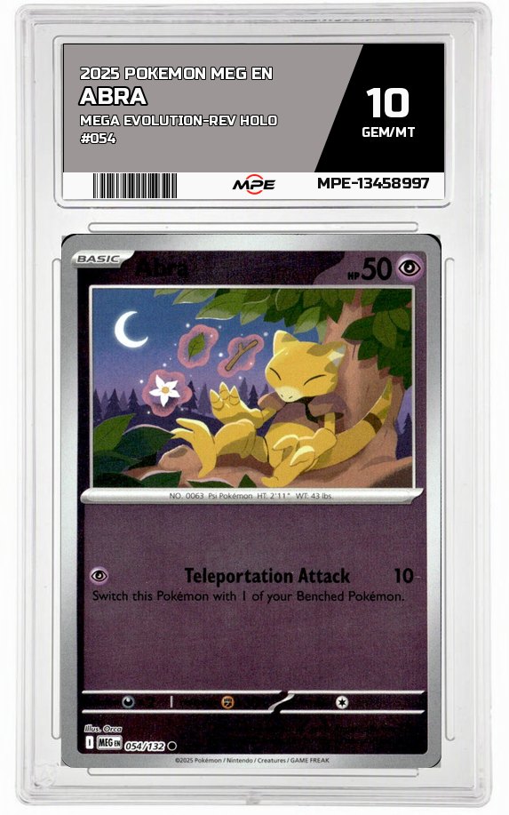 2025 POKEMON MEG EN MEGA EVOLUTION-REV HOLO #054 ABRA MPE 10 GEM/MT — graded card auctioned from the MPE vault