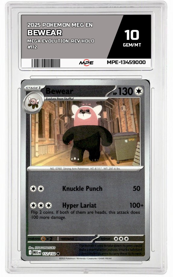 2025 POKEMON MEG EN MEGA EVOLUTION-REV HOLO #112 BEWEAR MPE 10 GEM/MT — graded card auctioned from the MPE vault