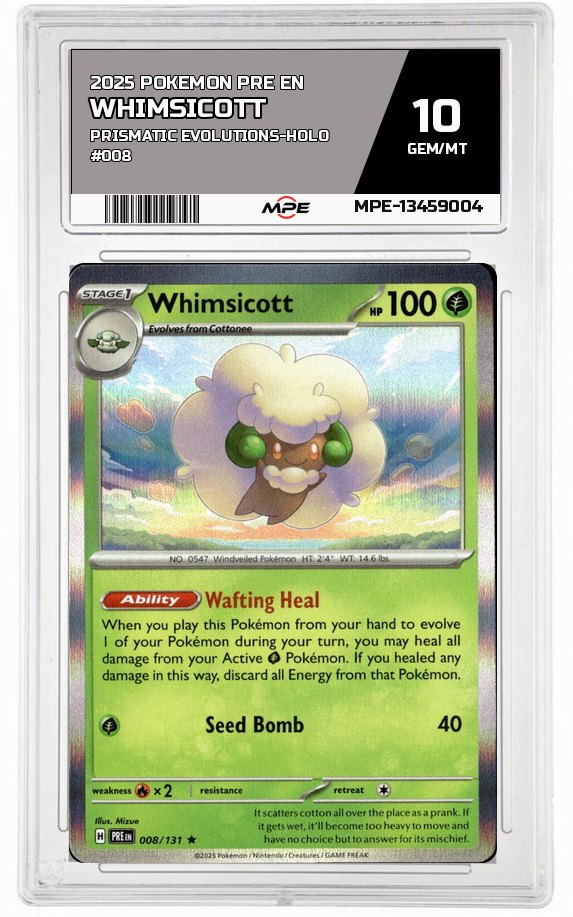 2025 POKEMON PRE EN PRISMATIC EVOLUTIONS-HOLO #008 WHIMSICOTT MPE 10 GEM/MT — graded card auctioned from the MPE vault