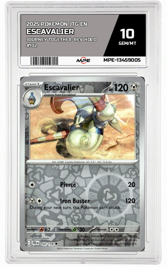 2025 POKEMON JTG EN JOURNEY TOGETHER-REV HOLO #102 ESCAVALIER MPE 10 GEM/MT — graded card auctioned from the MPE vault