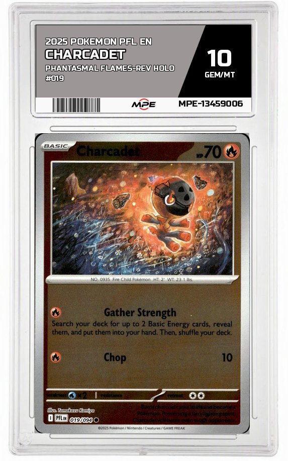 2025 POKEMON PFL EN PHANTASMAL FLAMES-REV HOLO #019 CHARCADET MPE 10 GEM/MT — graded card auctioned from the MPE vault