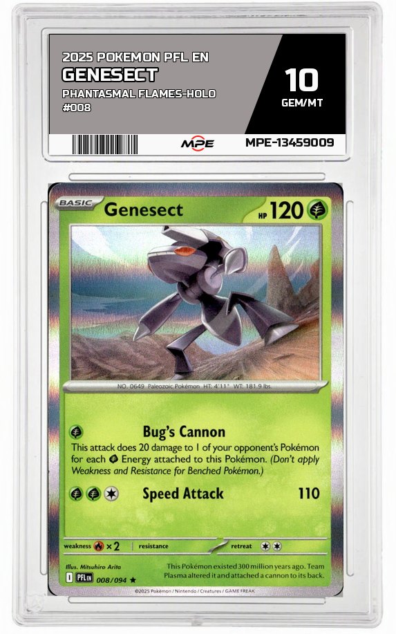 2025 POKEMON PFL EN PHANTASMAL FLAMES-HOLO #008 GENESECT MPE 10 GEM/MT — graded card auctioned from the MPE vault