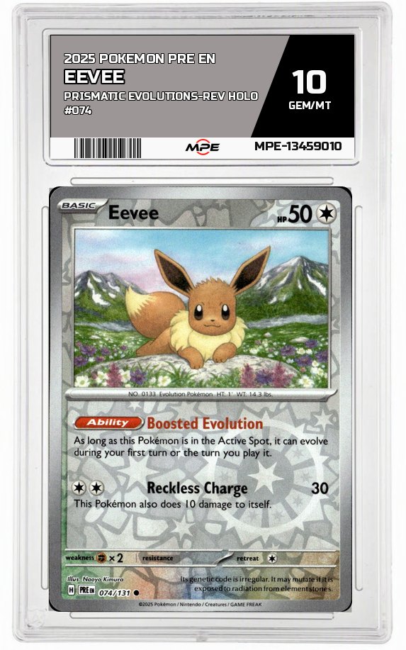 2025 POKEMON PRE EN PRISMATIC EVOLUTIONS-REV HOLO #074 EEVEE MPE 10 GEM/MT — graded card auctioned from the MPE vault