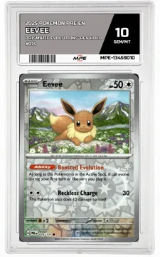 2025 POKEMON PRE EN PRISMATIC EVOLUTIONS-REV HOLO #074 EEVEE MPE 10 GEM/MT — graded card up for auction