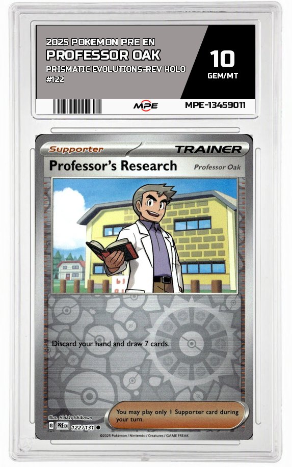 2025 POKEMON PRE EN PRISMATIC EVOLUTIONS-REV HOLO #122 PROFESSOR OAK MPE 10 GEM/MT — graded card auctioned from the MPE vault