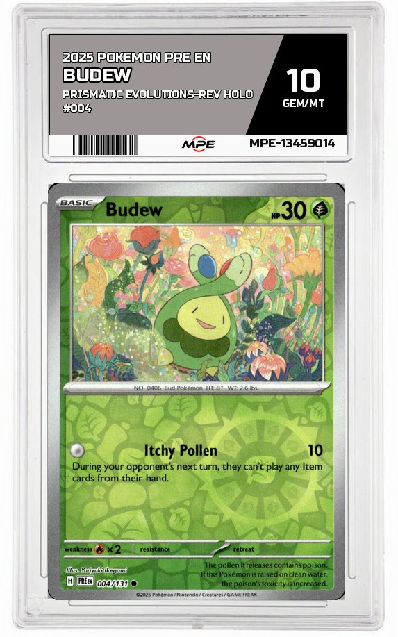 2025 POKEMON PRE EN PRISMATIC EVOLUTIONS-REV HOLO #004 BUDEW MPE 10 GEM/MT — graded card auctioned from the MPE vault