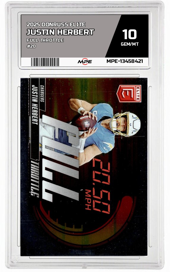 2025 DONRUSS ELITE FULL THROTTLE #20 JUSTIN HERBERT MPE 10 GEM/MT — graded card auctioned from the MPE vault