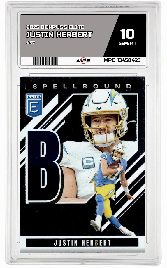 2025 DONRUSS ELITE #37 JUSTIN HERBERT MPE 10 GEM/MT — graded card auctioned from the MPE vault