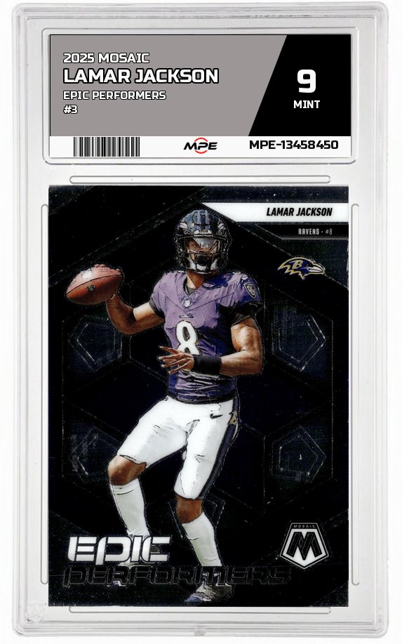 2025 MOSAIC EPIC PERFORMERS #3 LAMAR JACKSON MPE 9 MINT — graded card auctioned from the MPE vault