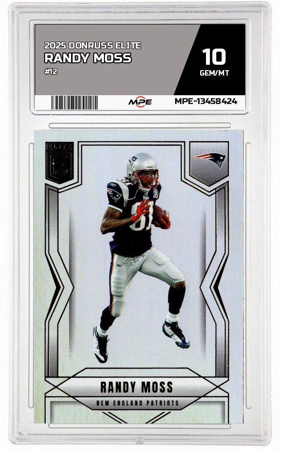 2025 DONRUSS ELITE #12 RANDY MOSS MPE 10 GEM/MT — graded card auctioned from the MPE vault