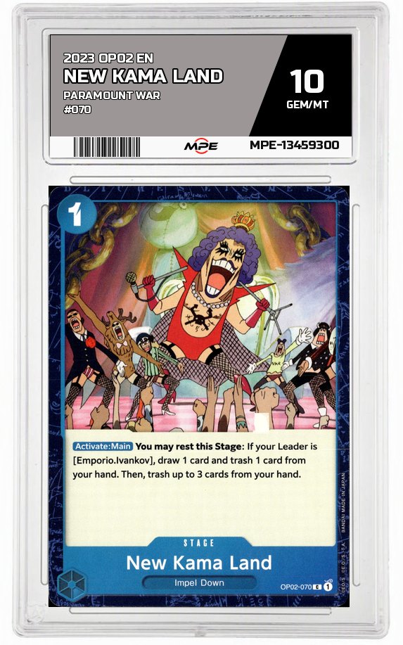2023 OP02 EN PARAMOUNT WAR #070 NEW KAMA LAND MPE 10 GEM/MT — graded card auctioned from the MPE vault