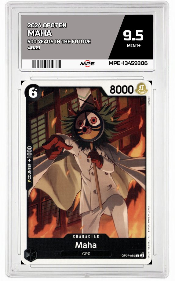 2024 OP07 EN 500 YEARS IN THE FUTURE #089 MAHA MPE 9.5 MINT+ — graded card auctioned from the MPE vault