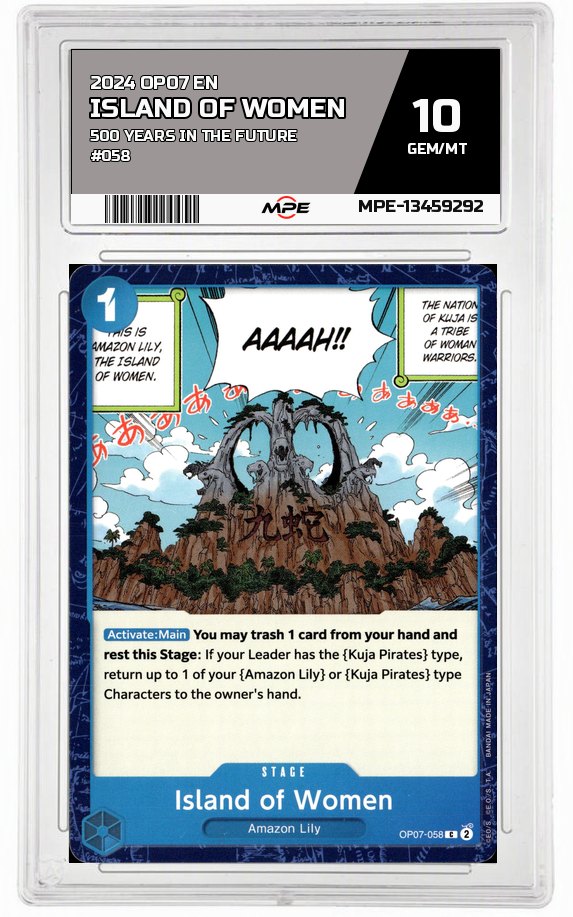 2024 OP07 EN 500 YEARS IN THE FUTURE #058 ISLAND OF WOMEN MPE 10 GEM/MT — graded card auctioned from the MPE vault