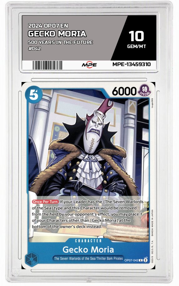 2024 OP07 EN 500 YEARS IN THE FUTURE #042 GECKO MORIA MPE 10 GEM/MT — graded card auctioned from the MPE vault