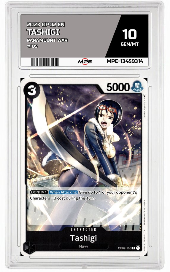 2023 OP02 EN PARAMOUNT WAR #105 TASHIGI MPE 10 GEM/MT — graded card auctioned from the MPE vault