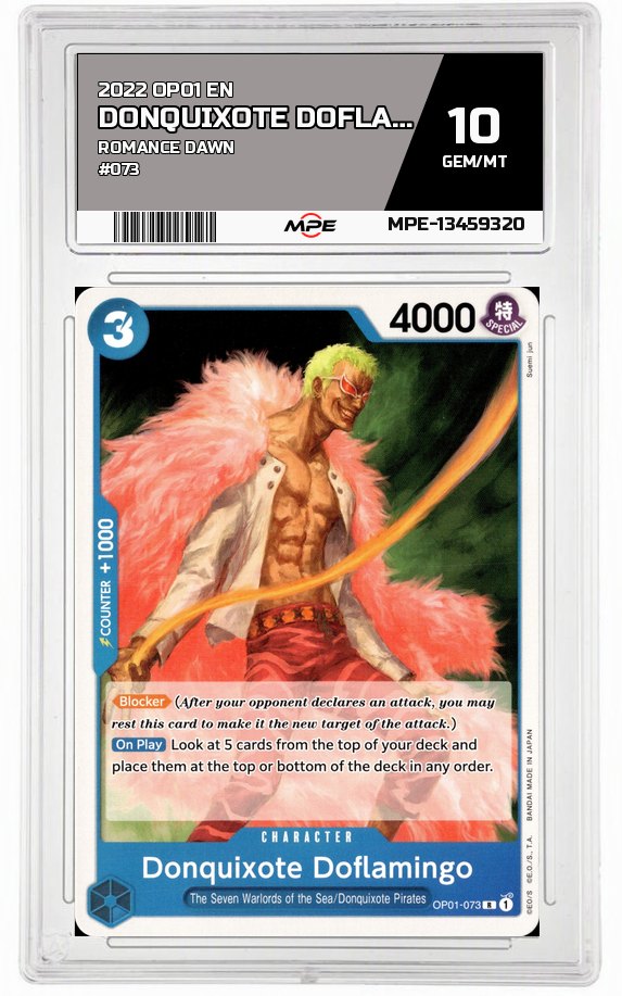 2022 OP01 EN ROMANCE DAWN #073 DONQUIXOTE DOFLAMINGO MPE 10 GEM/MT — graded card auctioned from the MPE vault