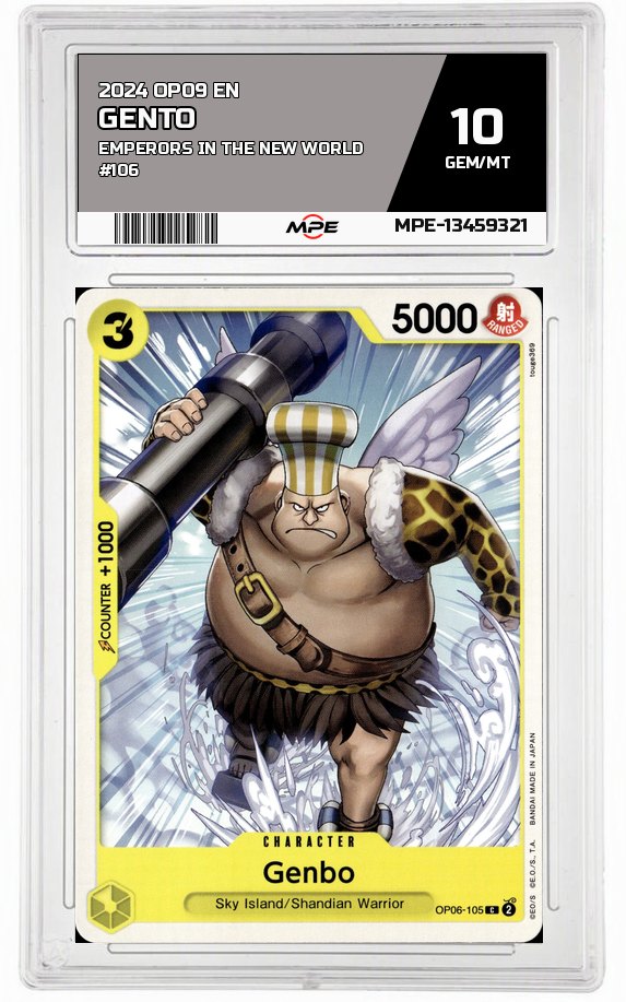 2024 OP09 EN EMPERORS IN THE NEW WORLD #106 GENTO MPE 10 GEM/MT — graded card auctioned from the MPE vault