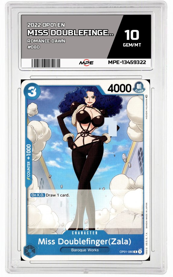 2022 OP01 EN ROMANCE DAWN #080 MISS DOUBLEFINGER(ZALA) MPE 10 GEM/MT — graded card auctioned from the MPE vault