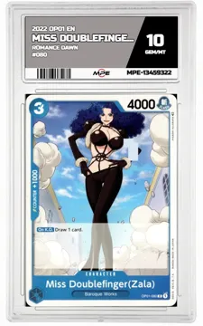 2022 OP01 EN ROMANCE DAWN #080 MISS DOUBLEFINGER(ZALA) MPE 10 GEM/MT — graded card up for auction