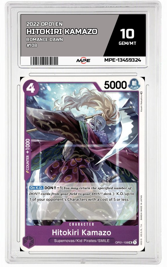 2022 OP01 EN ROMANCE DAWN #108 HITOKIRI KAMAZO MPE 10 GEM/MT — graded card auctioned from the MPE vault