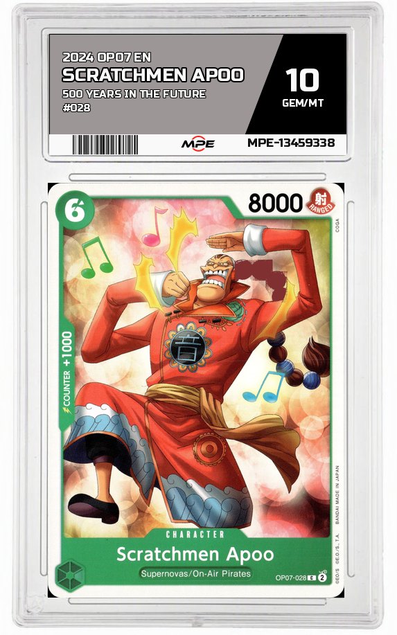 2024 OP07 EN 500 YEARS IN THE FUTURE #028 SCRATCHMEN APOO MPE 10 GEM/MT — graded card auctioned from the MPE vault
