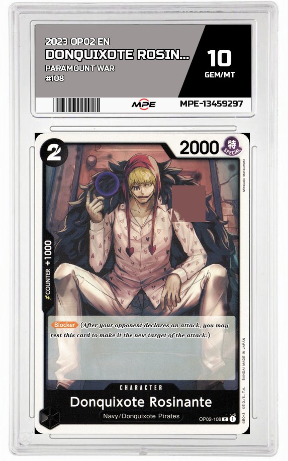 2023 OP02 EN PARAMOUNT WAR #108 DONQUIXOTE ROSINANTE MPE 10 GEM/MT — graded card auctioned from the MPE vault