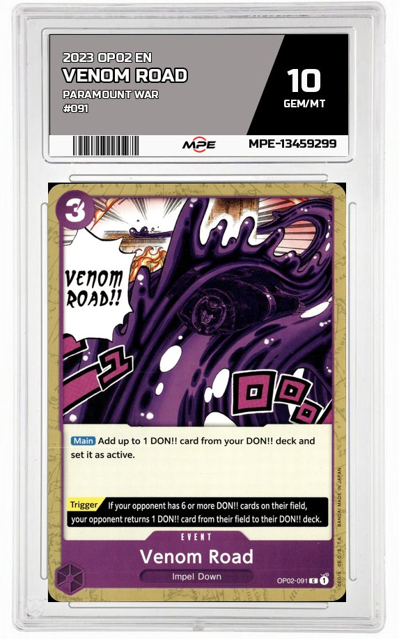 2023 OP02 EN PARAMOUNT WAR #091 VENOM ROAD MPE 10 GEM/MT — graded card auctioned from the MPE vault